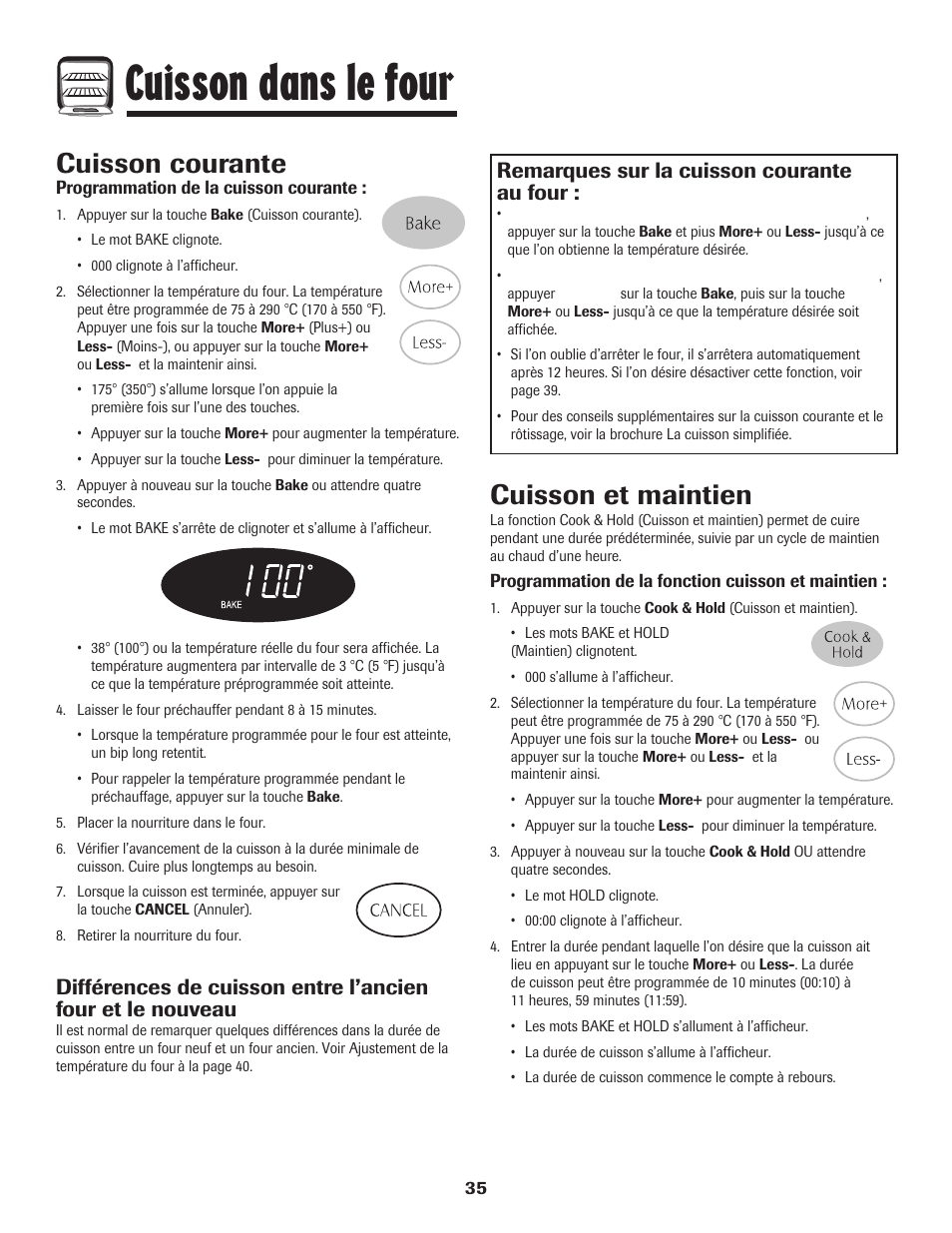 Cuisson dans le four, Cuisson courante, Cuisson et maintien | Remarques sur la cuisson courante au four | Maytag PER5750QAW User Manual | Page 36 / 80