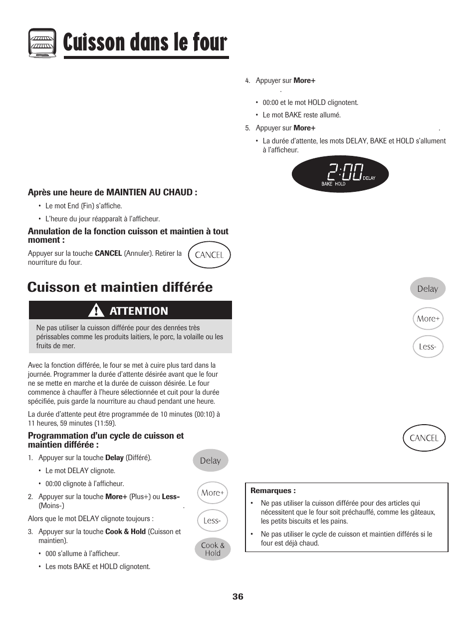 Cuisson dans le four, Cuisson et maintien différée, Attention | Maytag PER5750QAW User Manual | Page 37 / 80