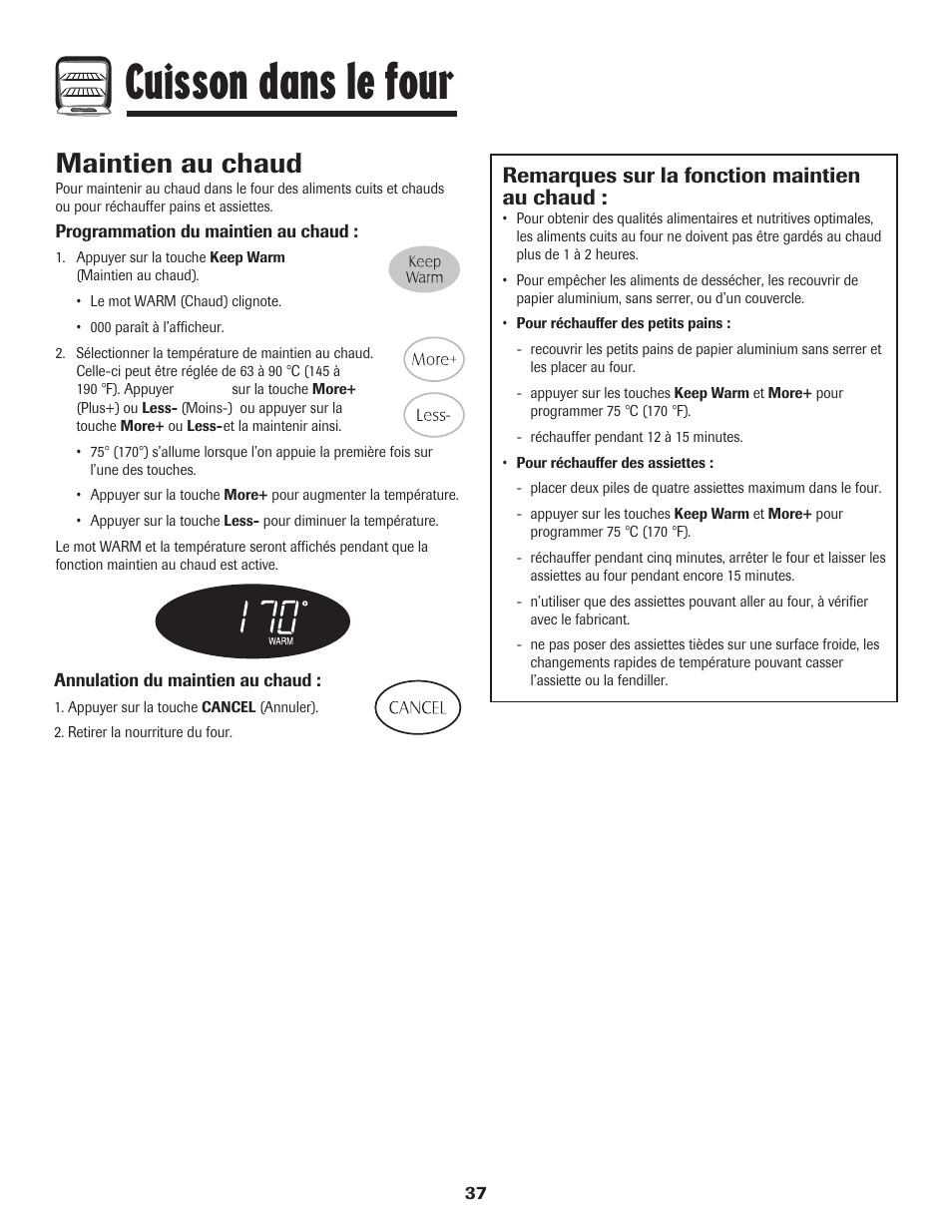 Cuisson dans le four, Maintien au chaud, Remarques sur la fonction maintien au chaud | Maytag PER5750QAW User Manual | Page 38 / 80