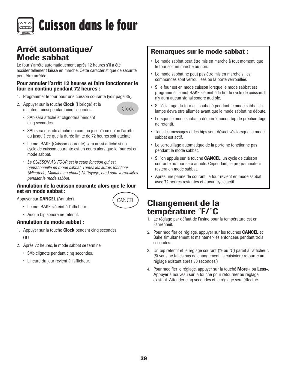 Cuisson dans le four, Arrêt automatique/ mode sabbat, Changement de la température | Remarques sur le mode sabbat | Maytag PER5750QAW User Manual | Page 40 / 80