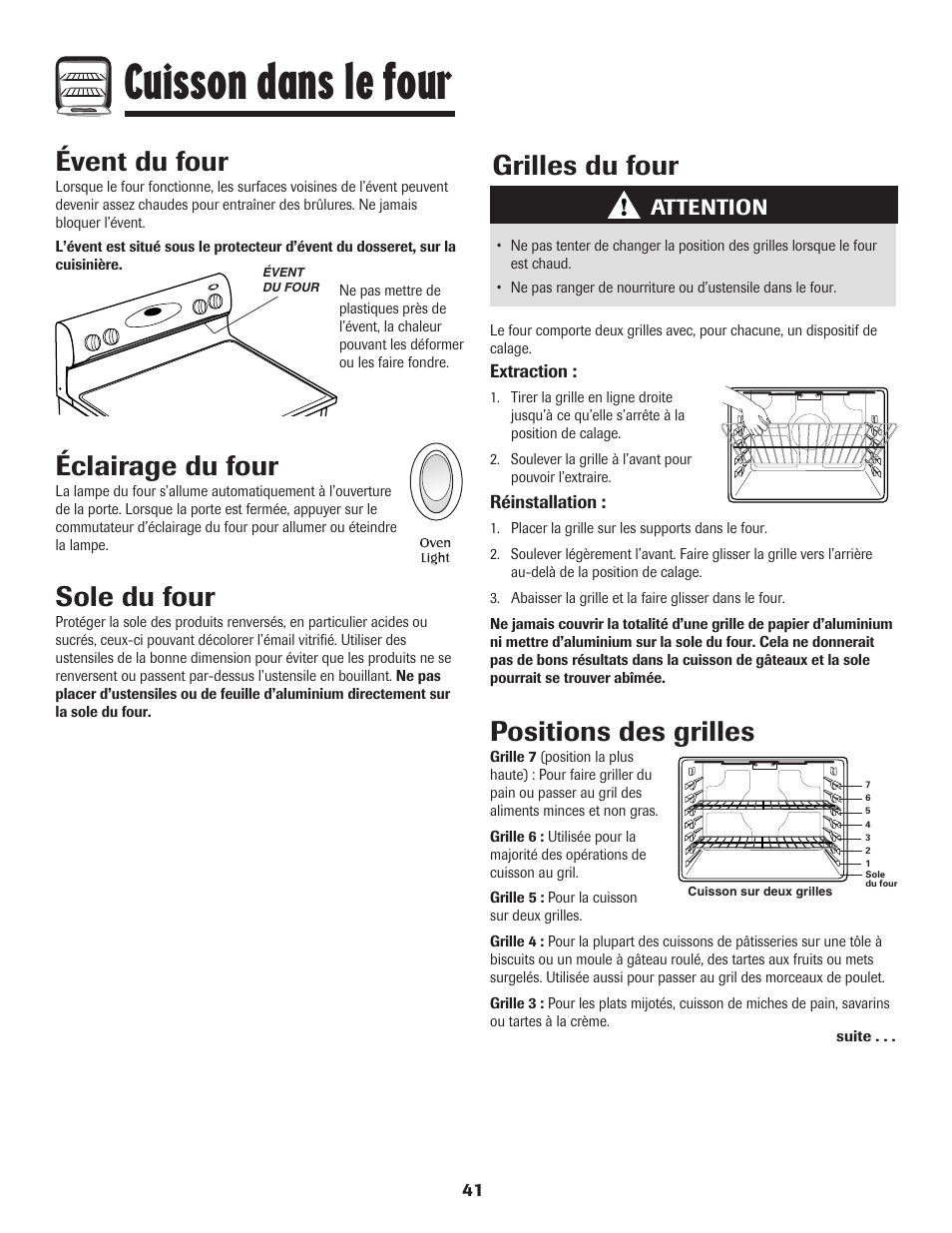 Cuisson dans le four, Éclairage du four, Sole du four | Évent du four, Grilles du four, Positions des grilles, Attention | Maytag PER5750QAW User Manual | Page 42 / 80