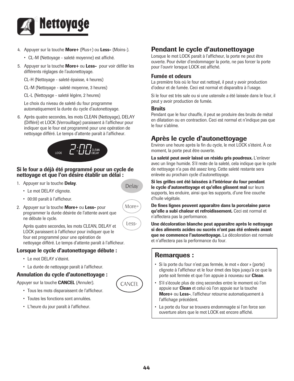 Nettoyage, Remarques, Pendant le cycle d’autonettoyage | Après le cycle d’autonettoyage | Maytag PER5750QAW User Manual | Page 45 / 80