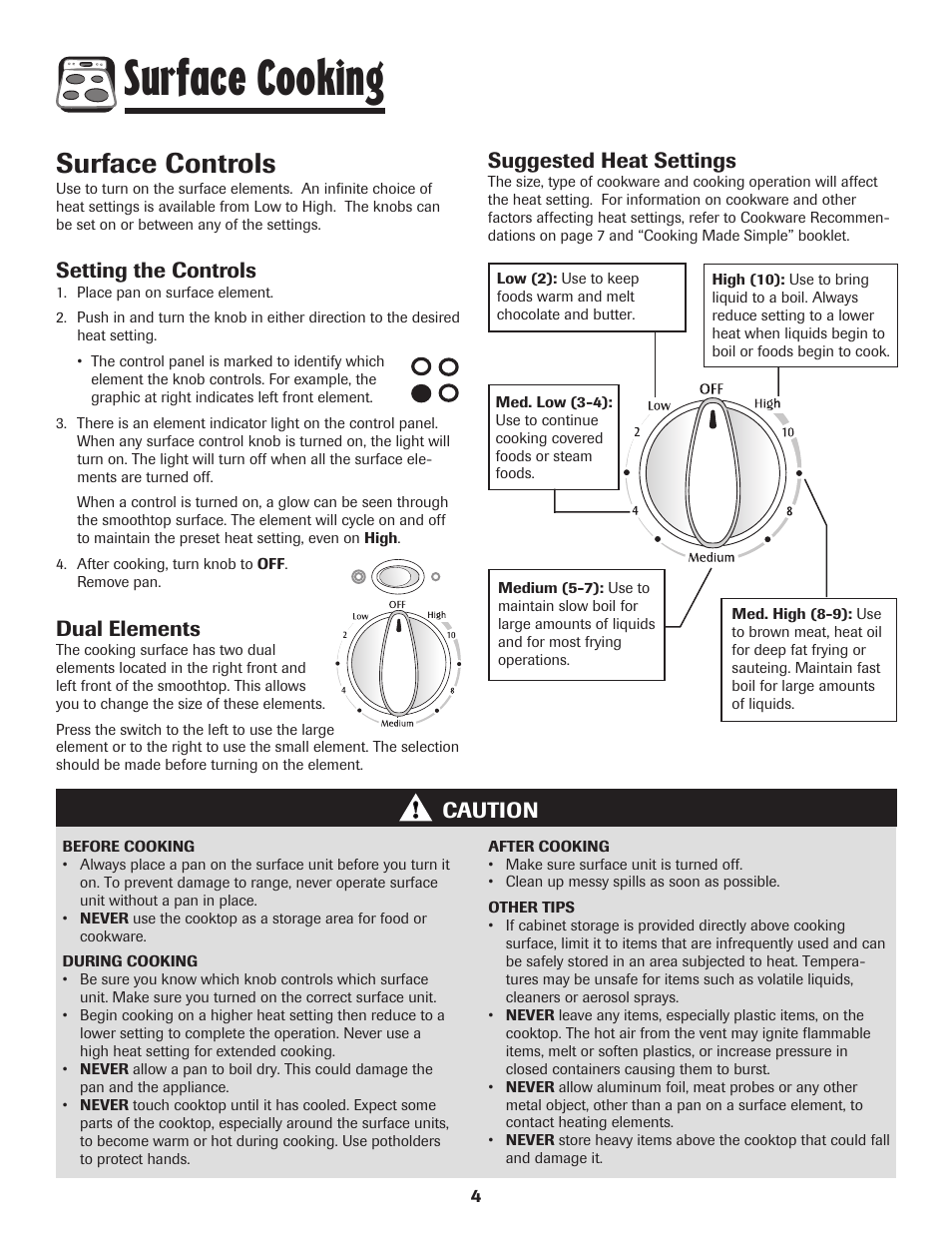 Surface cooking, Surface controls, Setting the controls | Dual elements, Caution suggested heat settings | Maytag PER5750QAW User Manual | Page 5 / 80