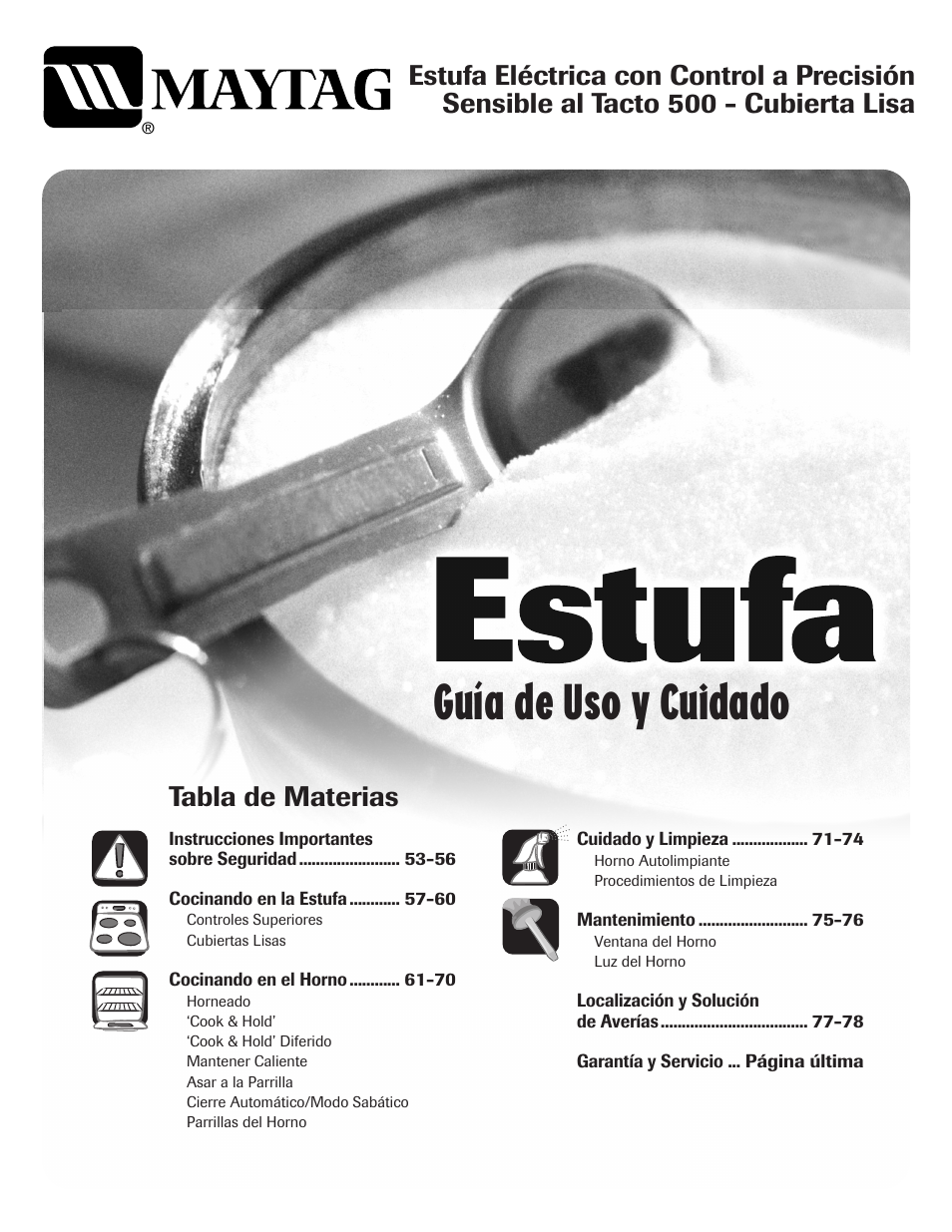 Guía de uso y cuidado, Tabla de materias | Maytag PER5750QAW User Manual | Page 53 / 80