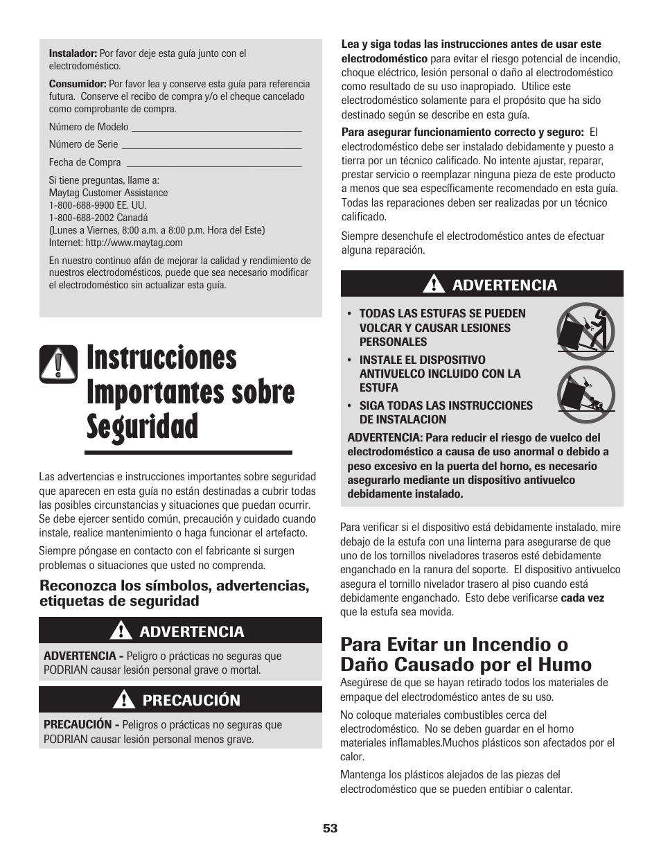 Instrucciones importantes sobre seguridad, Para evitar un incendio o daño causado por el humo | Maytag PER5750QAW User Manual | Page 54 / 80