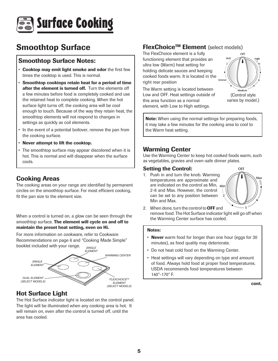 Surface cooking, Smoothtop surface, Cooking areas | Hot surface light, Flexchoice, Element, Warming center | Maytag PER5750QAW User Manual | Page 6 / 80