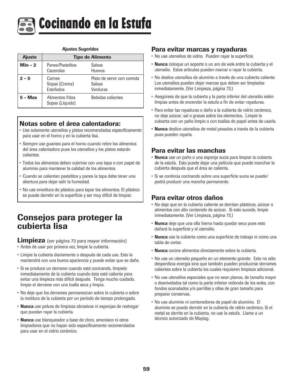 Cocinando en la estufa, Consejos para proteger la cubierta lisa, Limpieza | Notas sobre el área calentadora, Para evitar marcas y rayaduras, Para evitar las manchas, Para evitar otros daños | Maytag PER5750QAW User Manual | Page 60 / 80