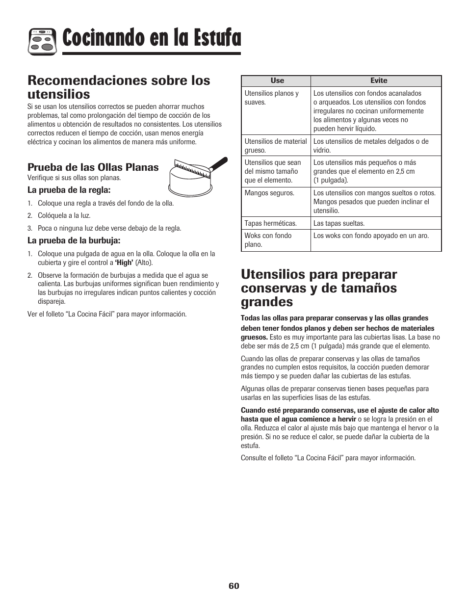 Cocinando en la estufa, Recomendaciones sobre los utensilios, Prueba de las ollas planas | Maytag PER5750QAW User Manual | Page 61 / 80