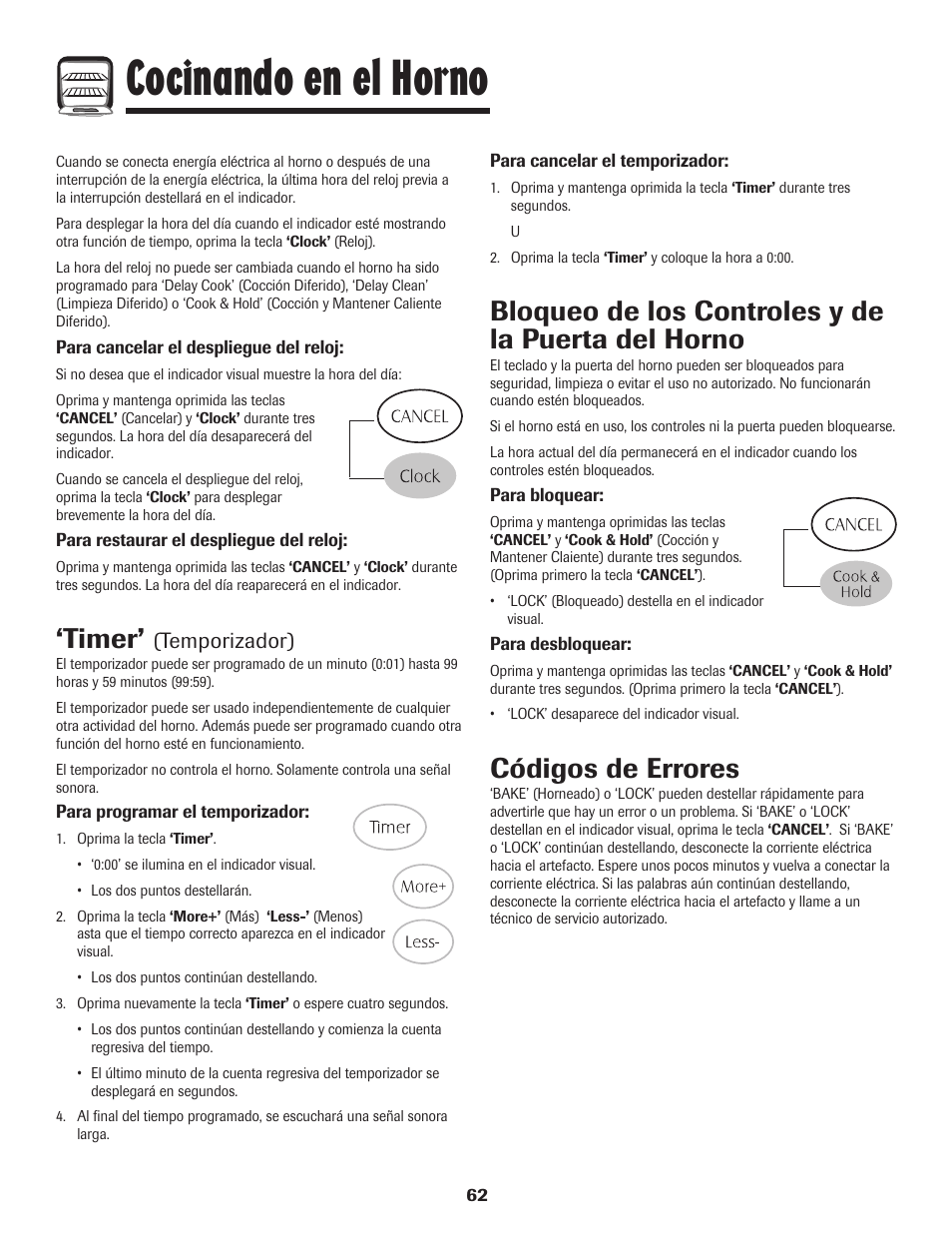 Cocinando en el horno, Timer, Bloqueo de los controles y de la puerta del horno | Códigos de errores, Temporizador) | Maytag PER5750QAW User Manual | Page 63 / 80