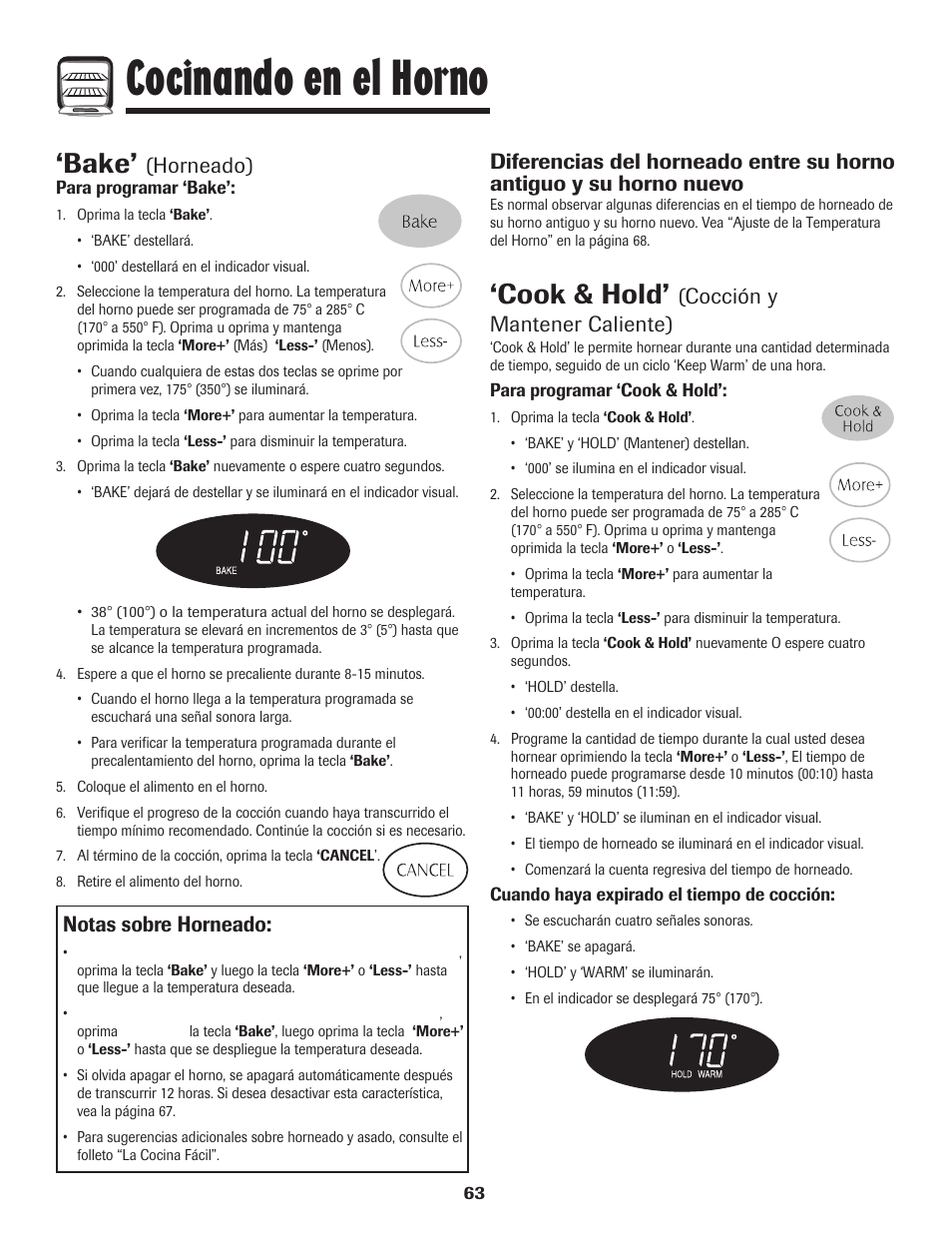 Cocinando en el horno, Bake, Cook & hold | Notas sobre horneado, Horneado), Cocción y mantener caliente) | Maytag PER5750QAW User Manual | Page 64 / 80