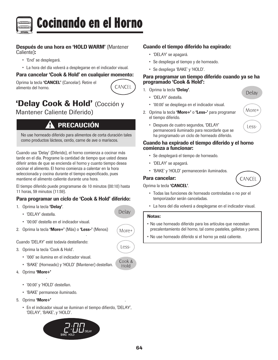 Cocinando en el horno, Delay cook & hold, Cocción y mantener caliente diferido) | Precaución | Maytag PER5750QAW User Manual | Page 65 / 80