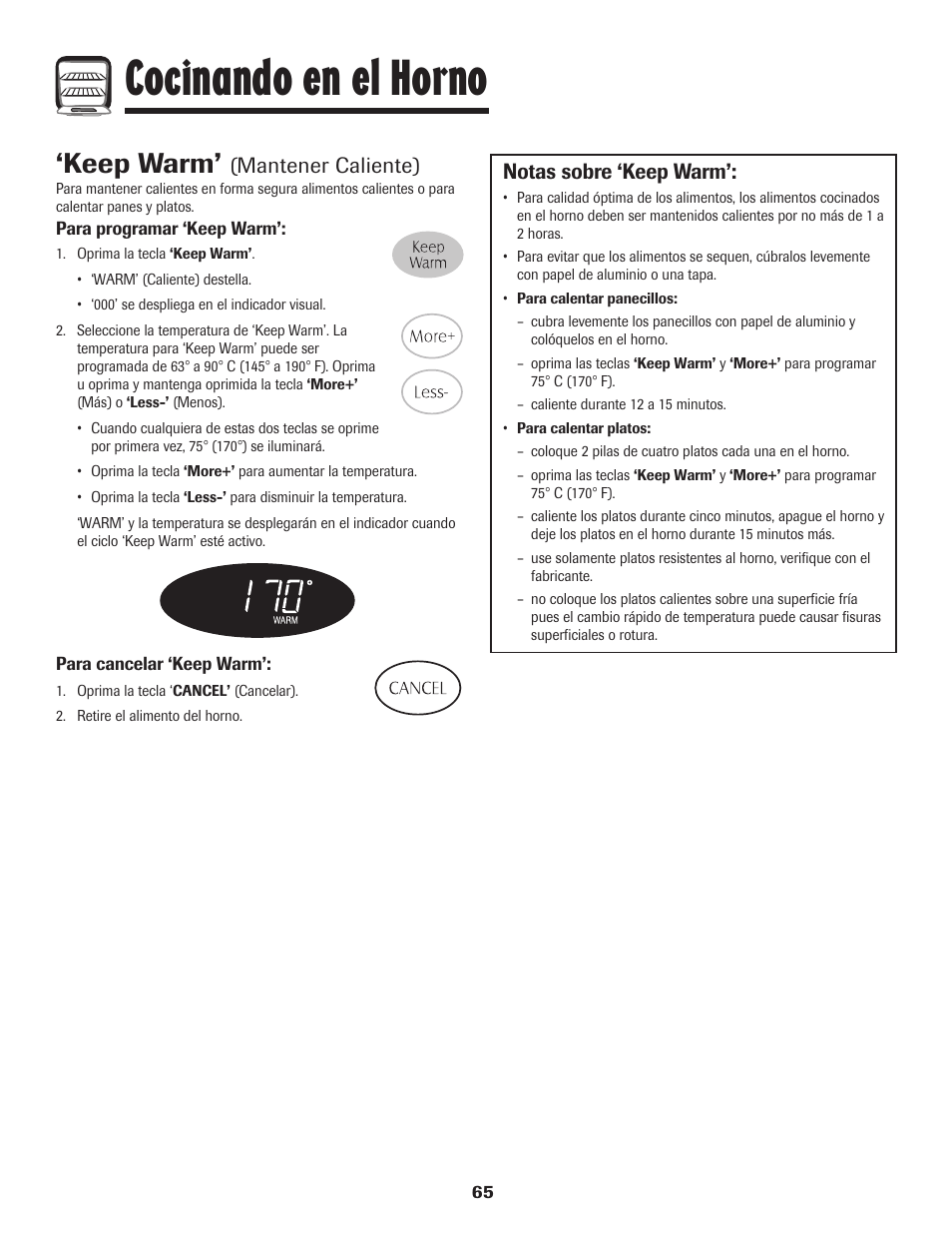 Cocinando en el horno, Keep warm, Mantener caliente) | Notas sobre ‘keep warm | Maytag PER5750QAW User Manual | Page 66 / 80