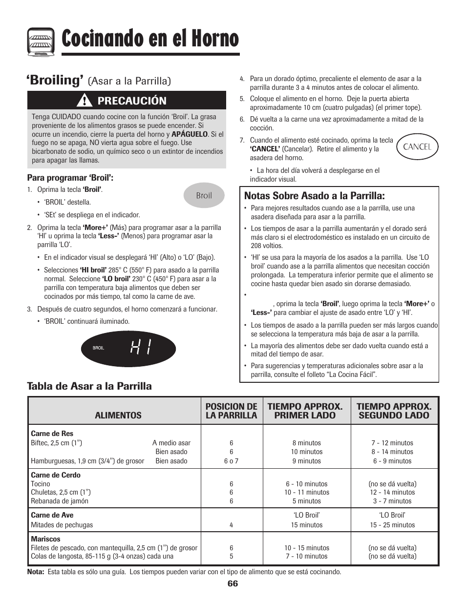 Cocinando en el horno, Broiling, Tabla de asar a la parrilla | Precaución | Maytag PER5750QAW User Manual | Page 67 / 80