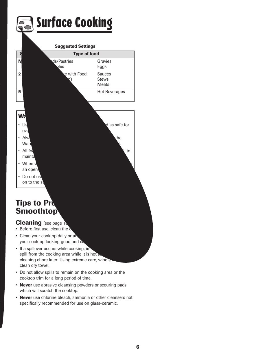 Surface cooking, Tips to protect the smoothtop surface, Cleaning | Maytag PER5750QAW User Manual | Page 7 / 80