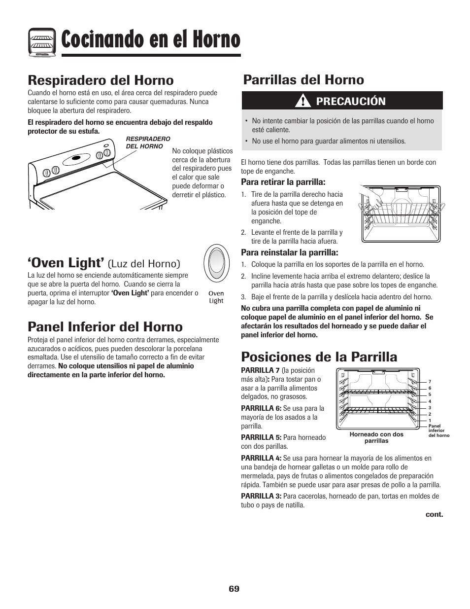 Cocinando en el horno, Panel inferior del horno, Respiradero del horno | Parrillas del horno, Oven light, Posiciones de la parrilla, Precaución, Luz del horno) | Maytag PER5750QAW User Manual | Page 70 / 80