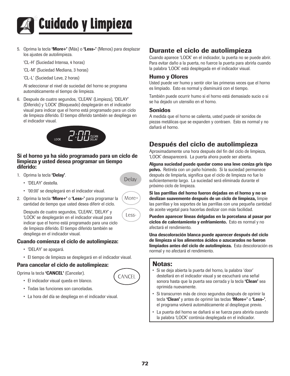 Cuidado y limpieza, Notas, Durante el ciclo de autolimpieza | Después del ciclo de autolimpieza | Maytag PER5750QAW User Manual | Page 73 / 80