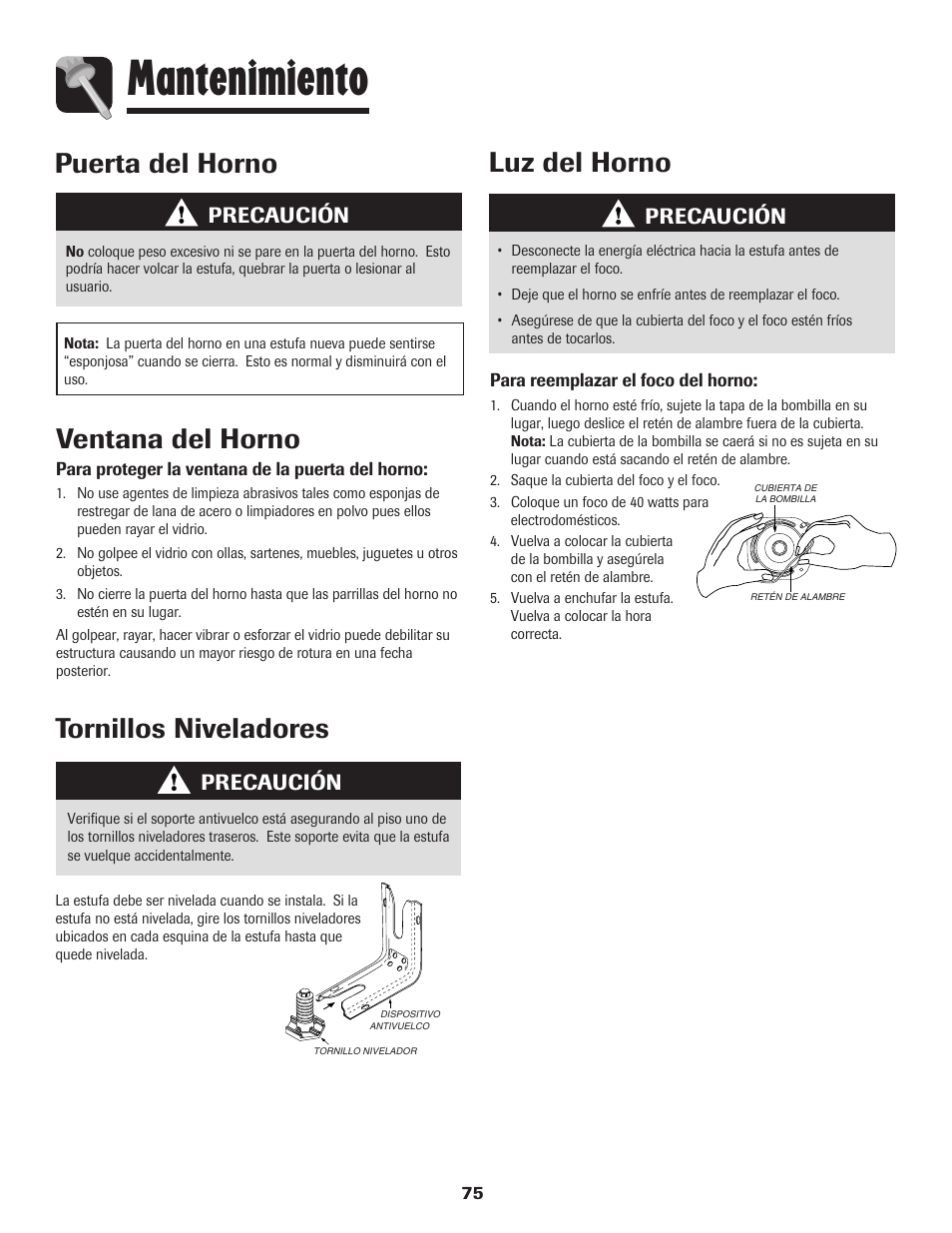 Mantenimiento, Puerta del horno, Ventana del horno | Luz del horno, Tornillos niveladores, Precaución | Maytag PER5750QAW User Manual | Page 76 / 80