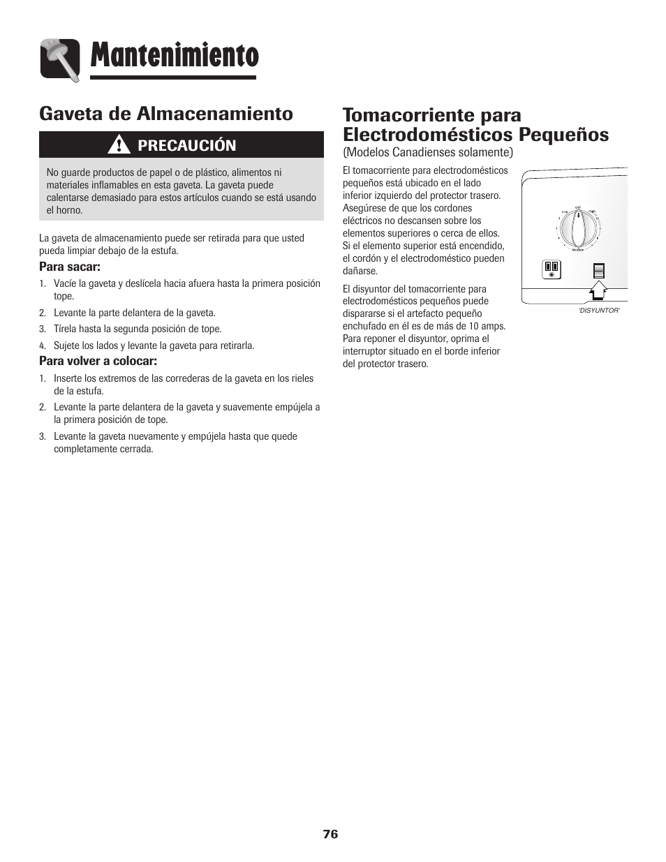 Mantenimiento, Tomacorriente para electrodomésticos pequeños, Gaveta de almacenamiento | Maytag PER5750QAW User Manual | Page 77 / 80