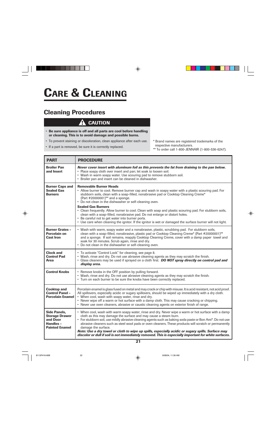 Leaning, Cleaning procedures | Maytag AES5730BAB User Manual | Page 22 / 92