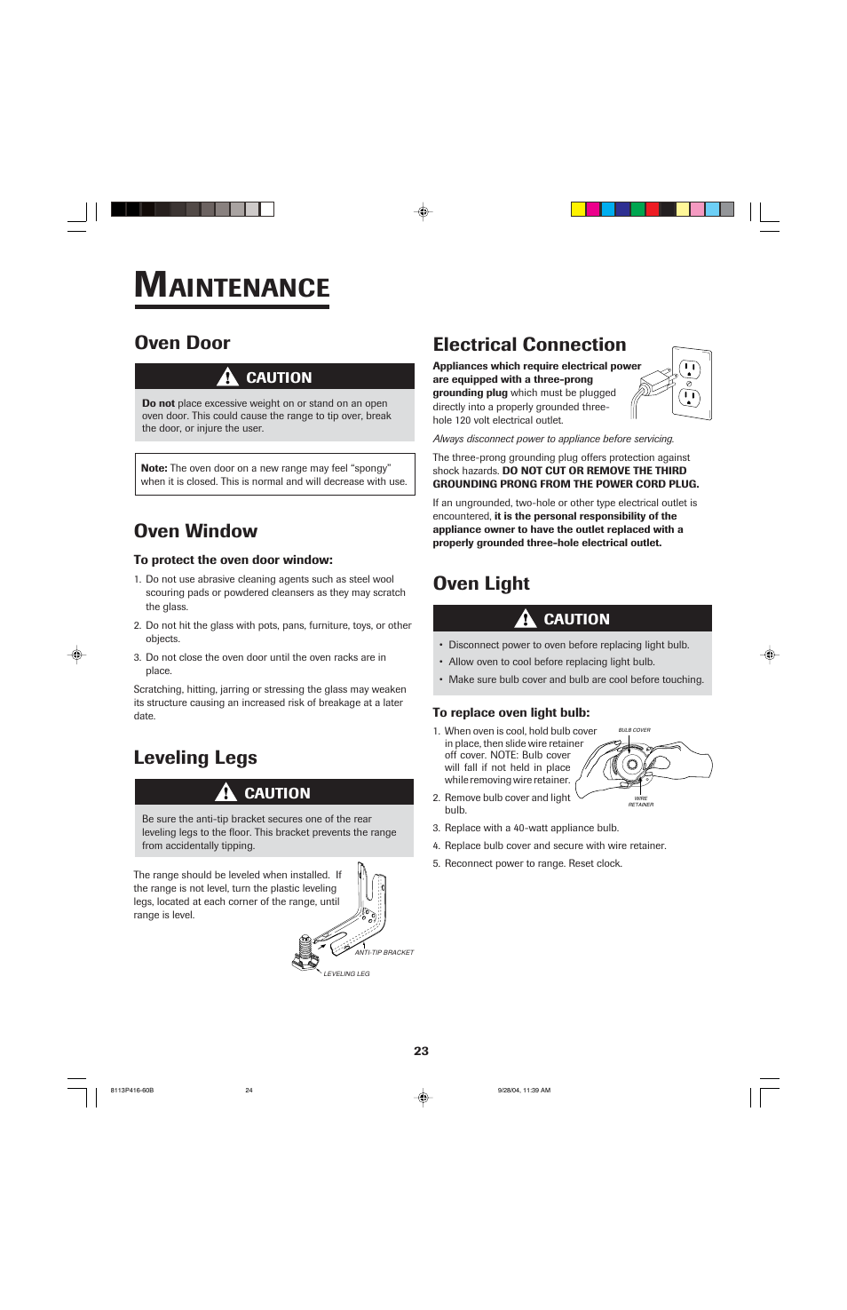 Aintenance, Oven door, Oven window | Oven light electrical connection, Leveling legs | Maytag AES5730BAB User Manual | Page 24 / 92