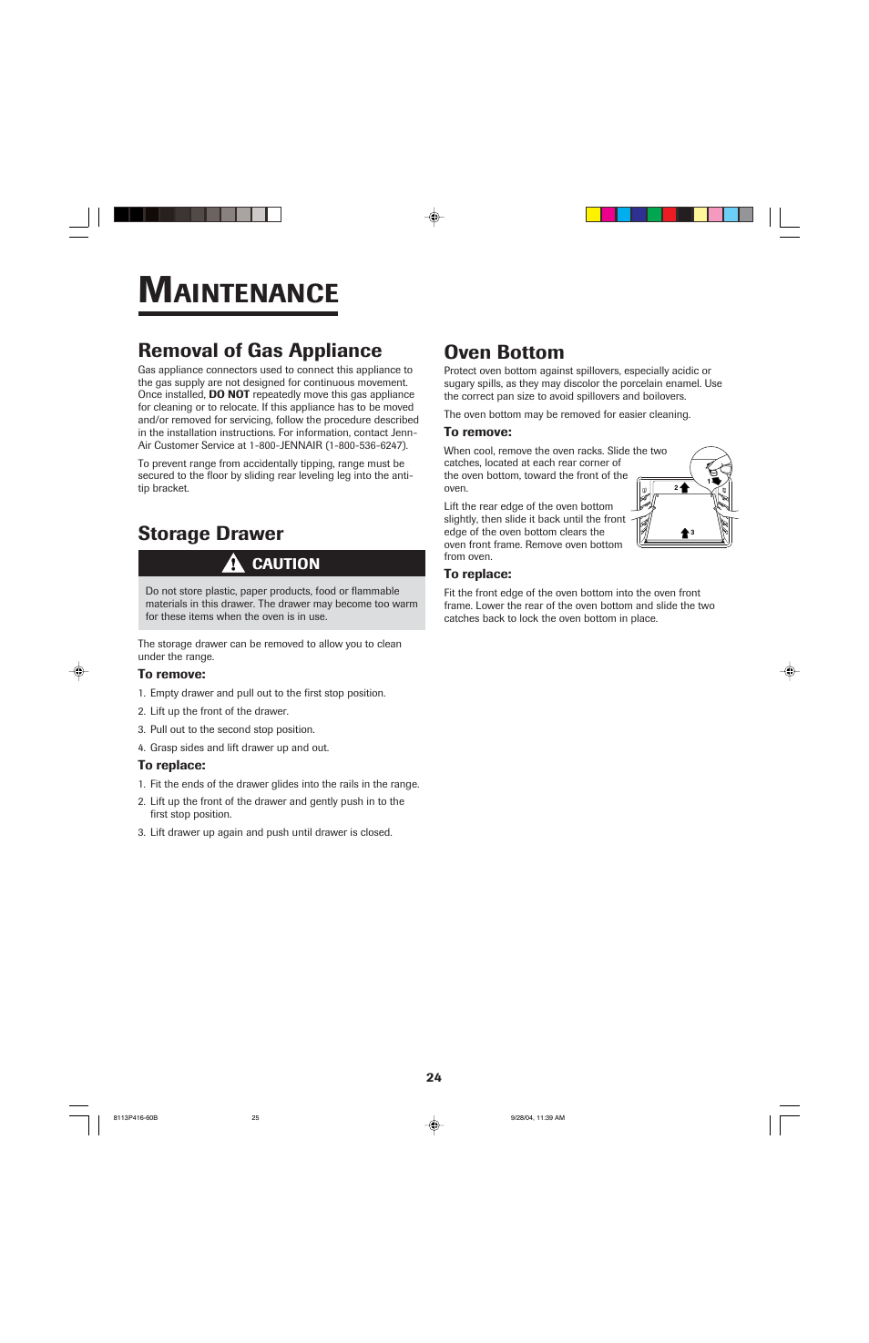 Aintenance, Storage drawer, Removal of gas appliance | Oven bottom | Maytag AES5730BAB User Manual | Page 25 / 92