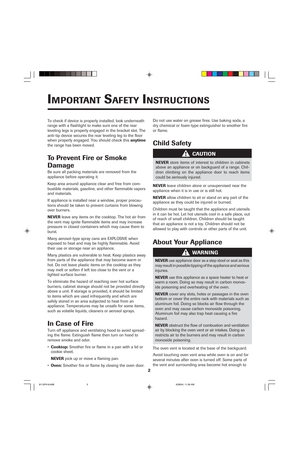 Mportant, Afety, Nstructions | Child safety, About your appliance | Maytag AES5730BAB User Manual | Page 3 / 92