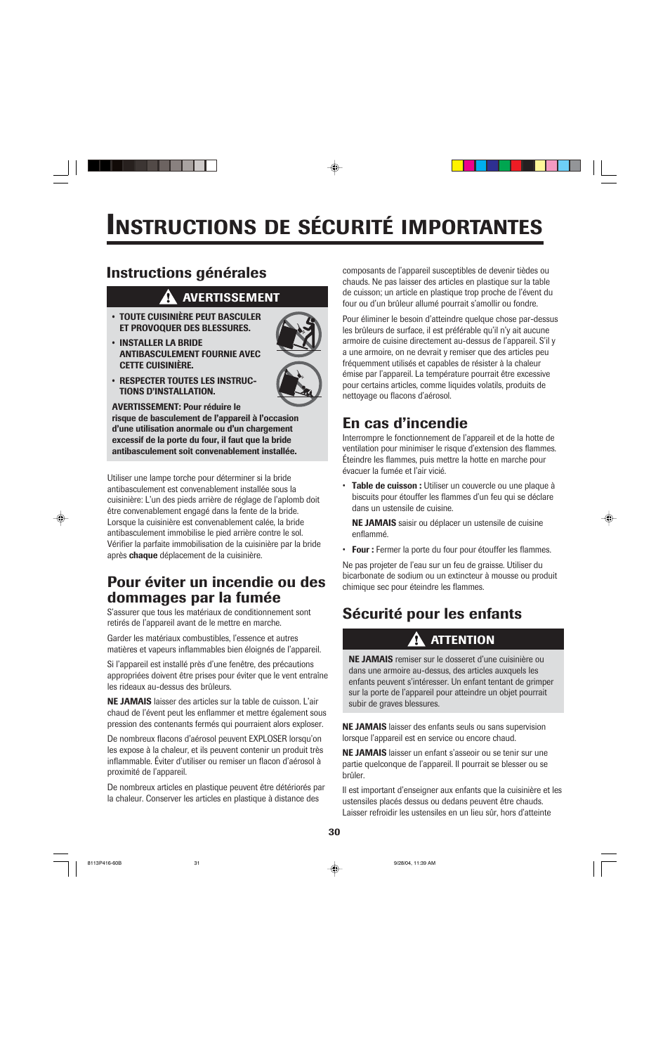 Nstructions, Sécurité, Importantes | Instructions générales, En cas d’incendie, Sécurité pour les enfants | Maytag AES5730BAB User Manual | Page 31 / 92