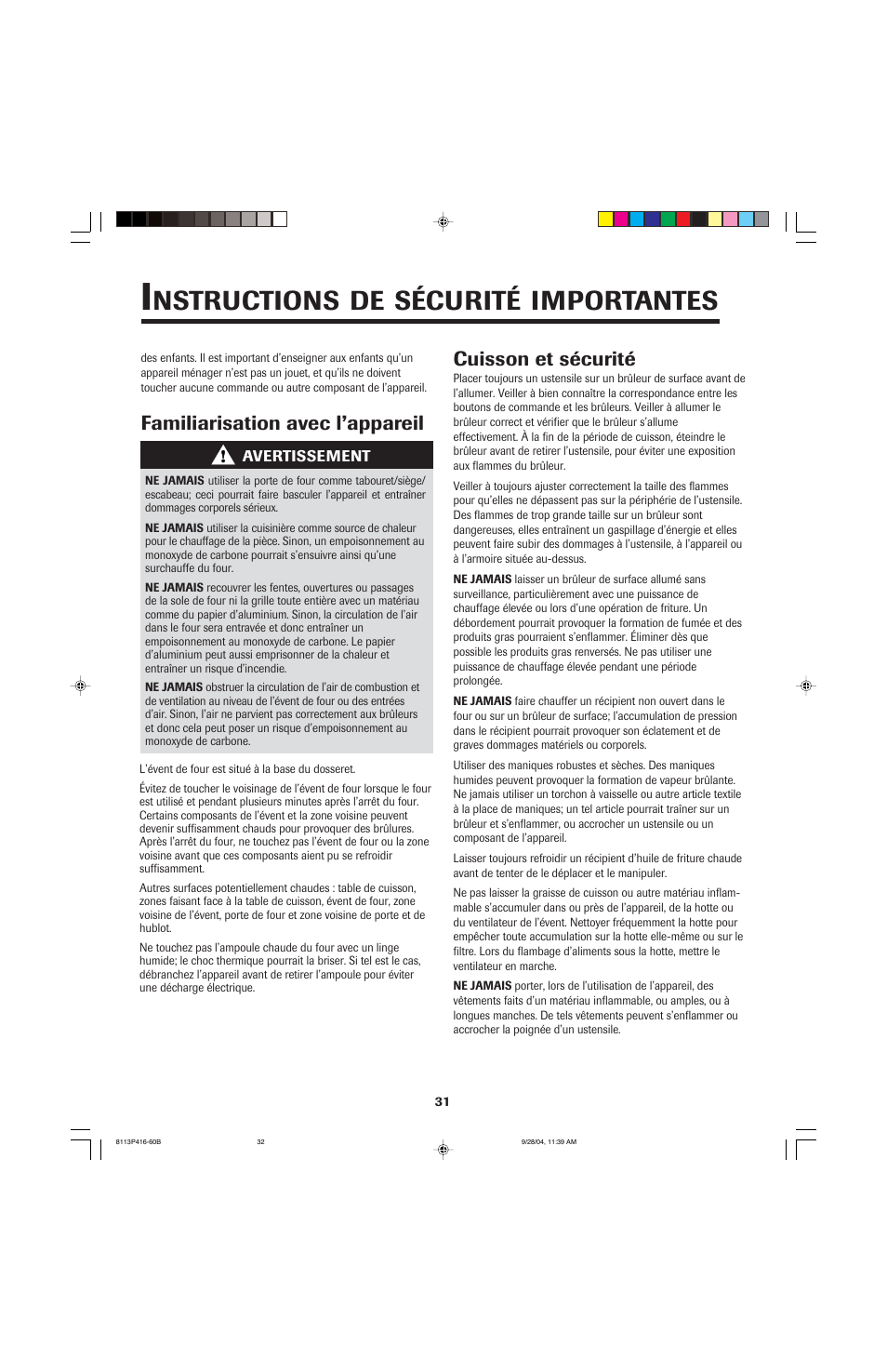 Nstructions, Sécurité, Importantes | Maytag AES5730BAB User Manual | Page 32 / 92