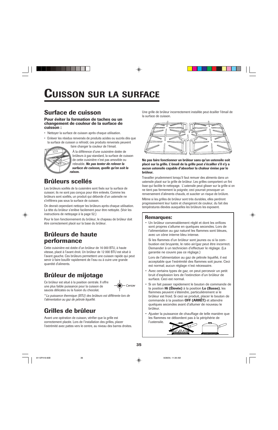 Uisson, Surface, Surface de cuisson | Grilles de brûleur, Brûleurs scellés, Brûleurs de haute performance, Brûleur de mijotage | Maytag AES5730BAB User Manual | Page 36 / 92
