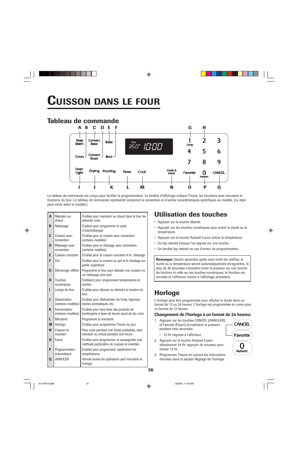 Uisson, Dans, Four | Tableau de commande, Utilisation des touches, Horloge | Maytag AES5730BAB User Manual | Page 37 / 92