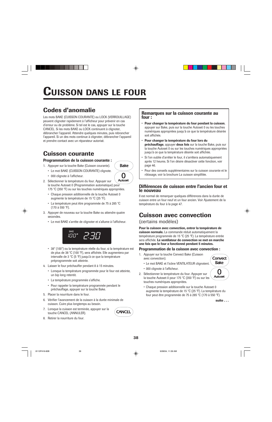 Uisson, Dans, Four | Codes d’anomalie, Cuisson courante, Cuisson avec convection | Maytag AES5730BAB User Manual | Page 39 / 92