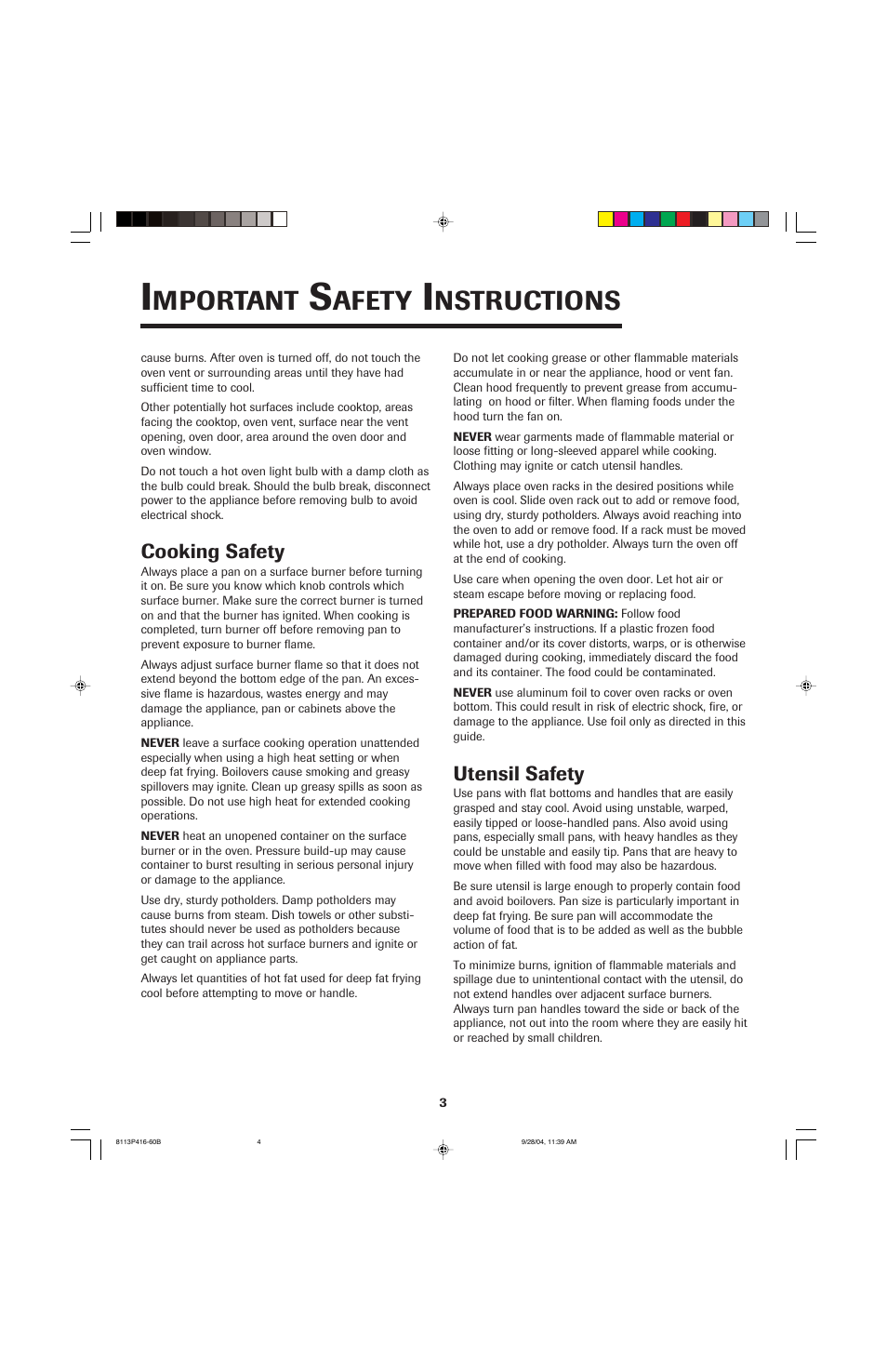 Mportant, Afety, Nstructions | Utensil safety, Cooking safety | Maytag AES5730BAB User Manual | Page 4 / 92