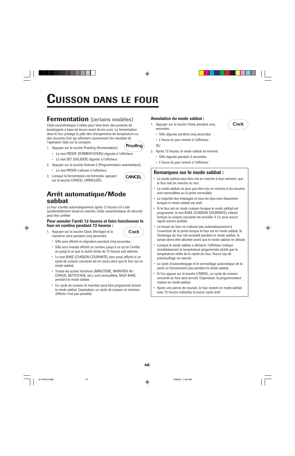 Uisson, Dans, Four | Arrêt automatique/mode sabbat, Fermentation | Maytag AES5730BAB User Manual | Page 47 / 92