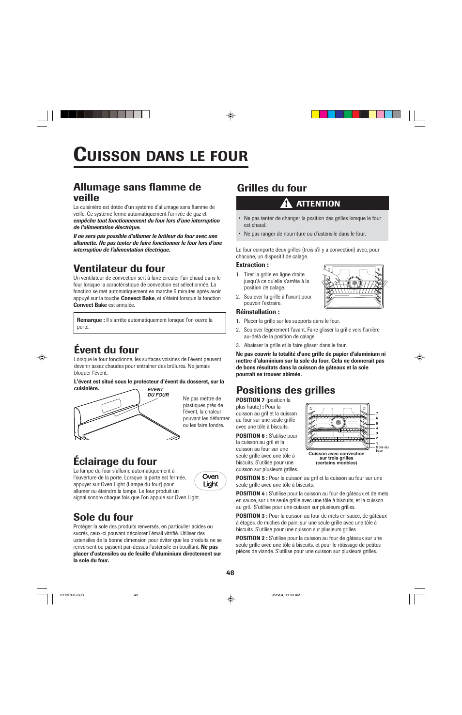 Uisson, Dans, Four | Éclairage du four, Sole du four, Ventilateur du four, Évent du four, Grilles du four, Positions des grilles, Allumage sans flamme de veille | Maytag AES5730BAB User Manual | Page 49 / 92