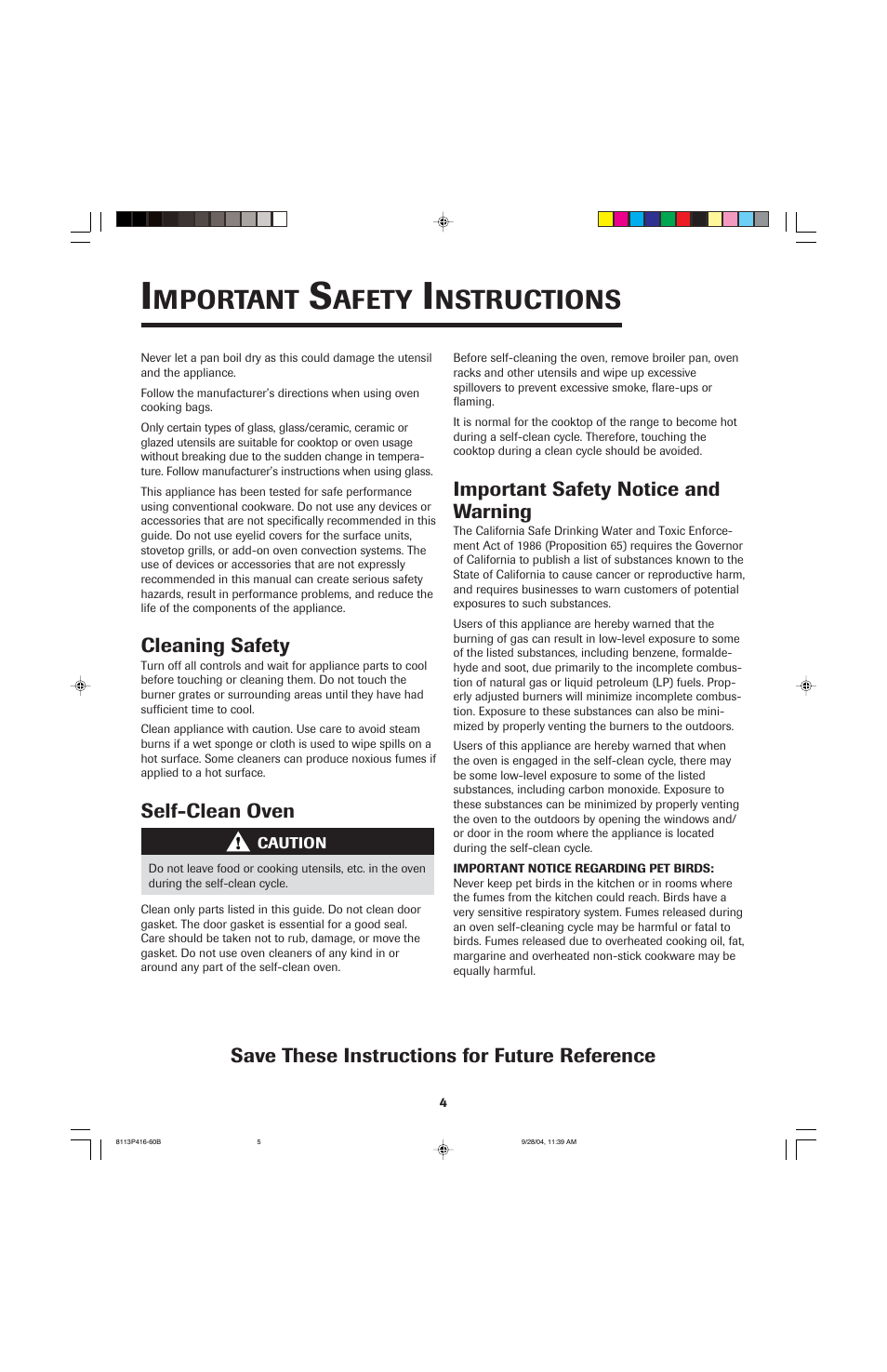 Mportant, Afety, Nstructions | Maytag AES5730BAB User Manual | Page 5 / 92