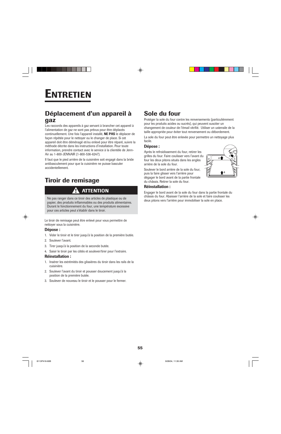 Ntretien, Tiroir de remisage déplacement d’un appareil à gaz, Sole du four | Maytag AES5730BAB User Manual | Page 56 / 92
