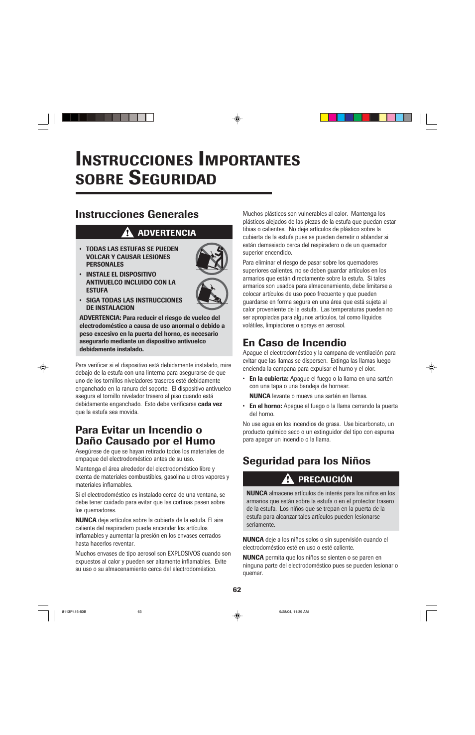 Nstrucciones, Mportantes sobre, Eguridad | Instrucciones generales, Para evitar un incendio o daño causado por el humo, En caso de incendio, Seguridad para los niños | Maytag AES5730BAB User Manual | Page 63 / 92