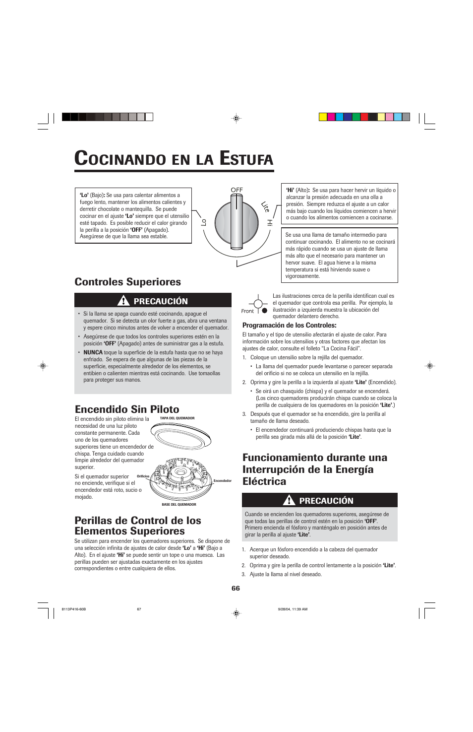 Ocinando, Stufa, Controles superiores encendido sin piloto | Maytag AES5730BAB User Manual | Page 67 / 92