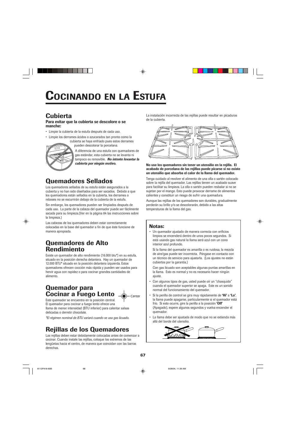 Ocinando, Stufa, Cubierta | Quemadores sellados, Quemadores de alto rendimiento, Quemador para cocinar a fuego lento, Rejillas de los quemadores | Maytag AES5730BAB User Manual | Page 68 / 92