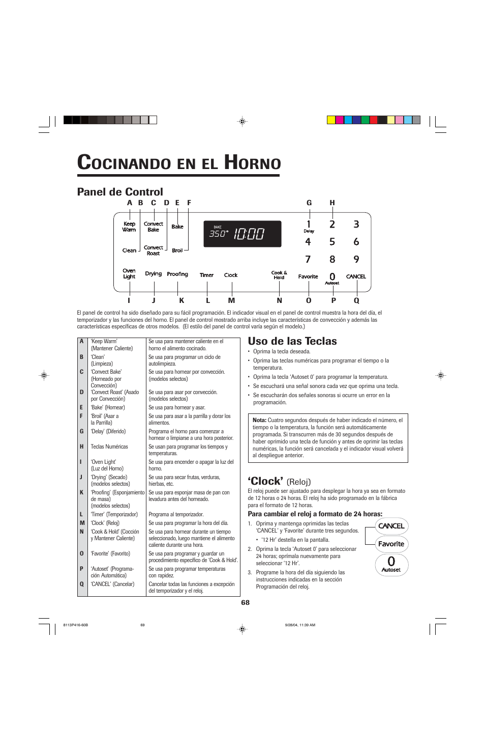 Ocinando, Orno, Panel de control | Uso de las teclas, Clock | Maytag AES5730BAB User Manual | Page 69 / 92