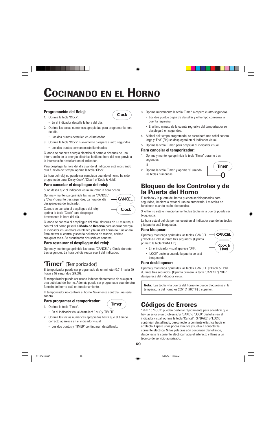 Ocinando, Orno, Timer | Bloqueo de los controles y de la puerta del horno, Códigos de errores | Maytag AES5730BAB User Manual | Page 70 / 92
