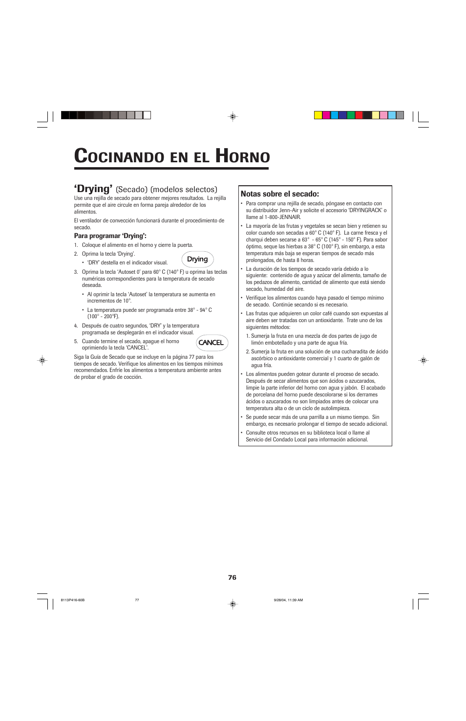 Ocinando, Orno, Drying | Maytag AES5730BAB User Manual | Page 77 / 92