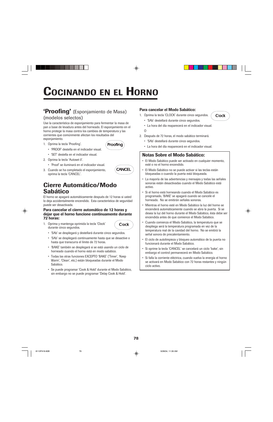 Ocinando, Orno, Proofing | Cierre automático/modo sabático | Maytag AES5730BAB User Manual | Page 79 / 92