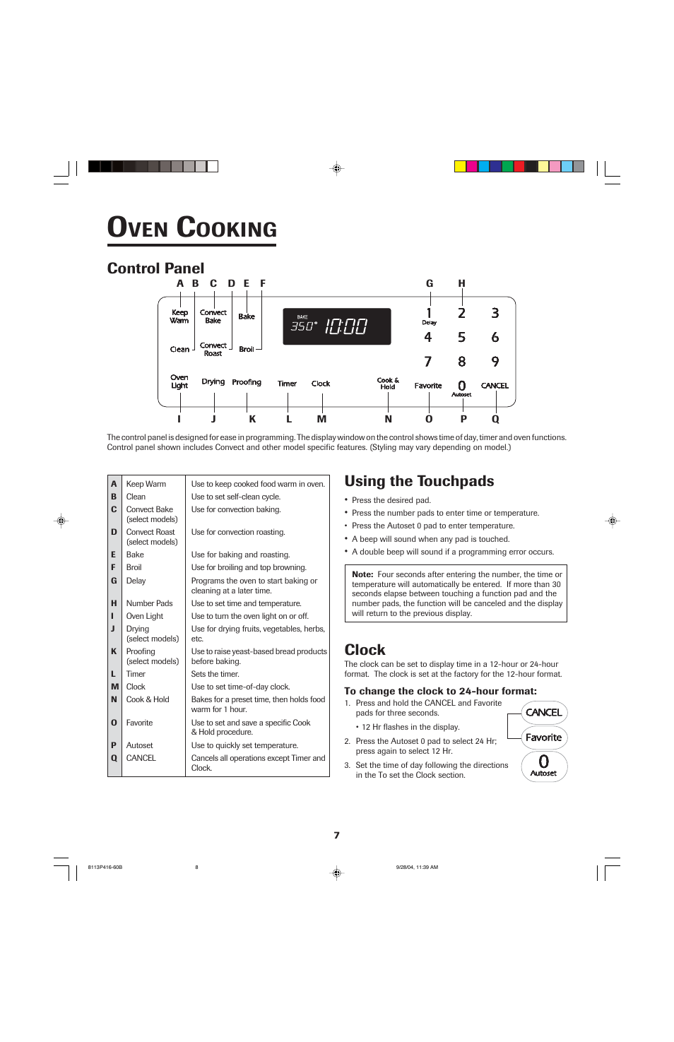 Ooking, Control panel, Using the touchpads | Clock | Maytag AES5730BAB User Manual | Page 8 / 92