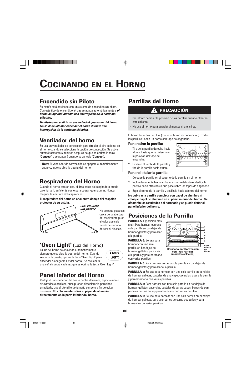 Ocinando, Orno, Oven light | Panel inferior del horno, Ventilador del horno, Respiradero del horno, Parrillas del horno, Posiciones de la parrilla, Encendido sin piloto | Maytag AES5730BAB User Manual | Page 81 / 92