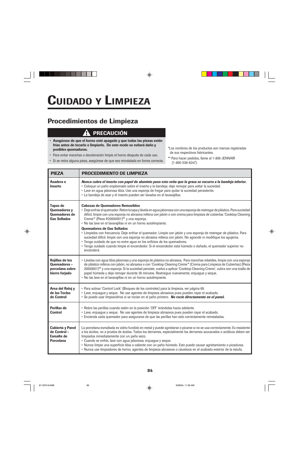 Uidado, Impieza, Procedimientos de limpieza | Maytag AES5730BAB User Manual | Page 85 / 92