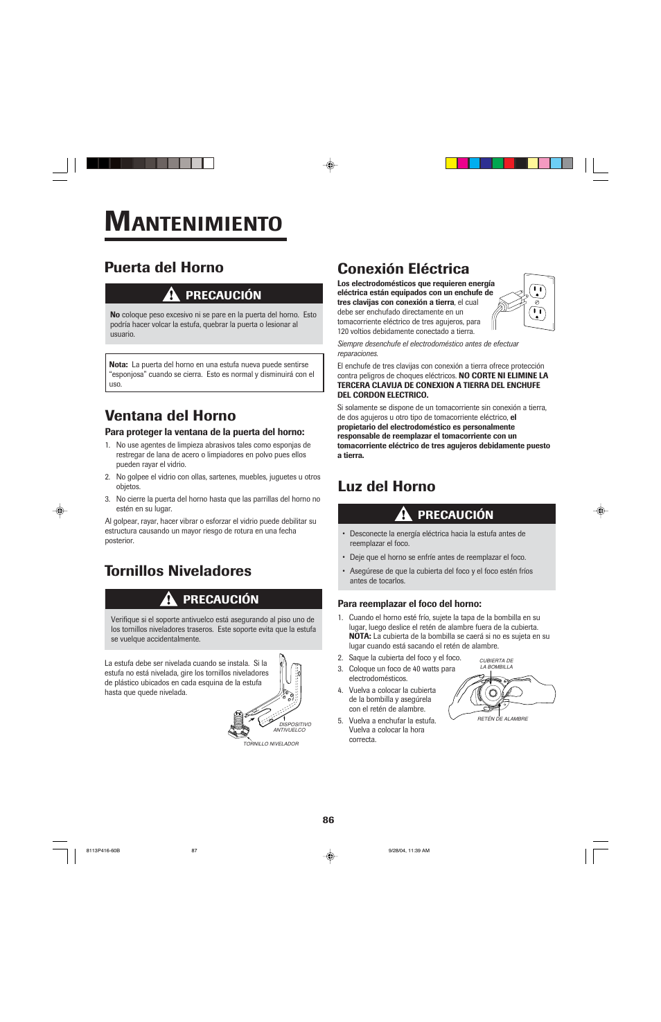 Antenimiento, Puerta del horno, Ventana del horno | Luz del horno conexión eléctrica, Tornillos niveladores, Precaución | Maytag AES5730BAB User Manual | Page 87 / 92