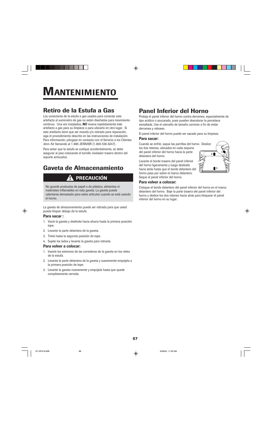 Antenimiento, Gaveta de almacenamiento, Retiro de la estufa a gas | Panel inferior del horno | Maytag AES5730BAB User Manual | Page 88 / 92