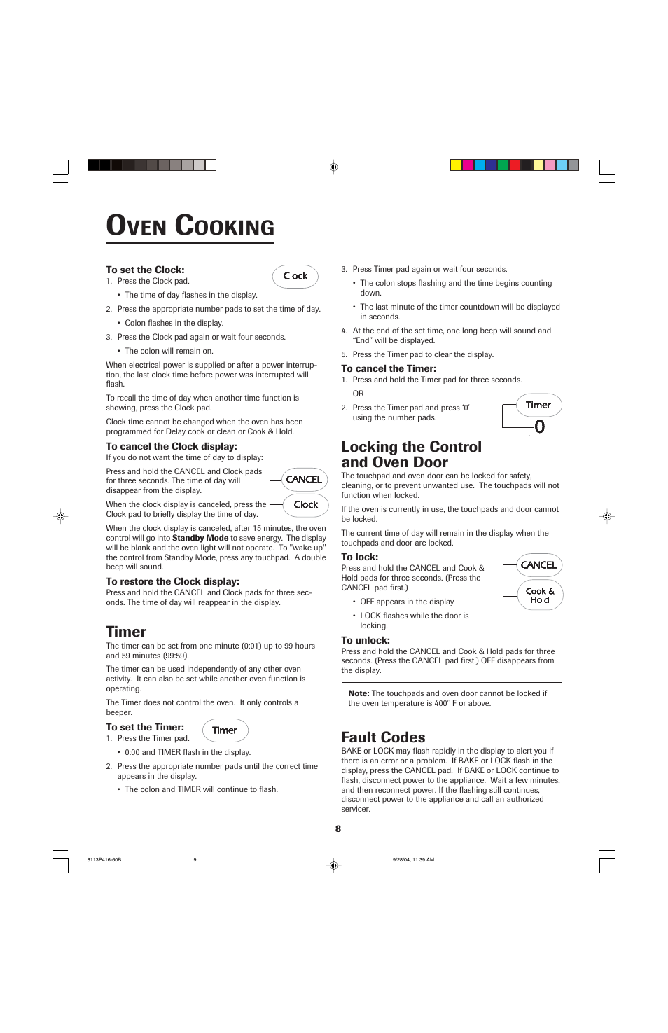 Ooking, Timer, Locking the control and oven door | Fault codes | Maytag AES5730BAB User Manual | Page 9 / 92