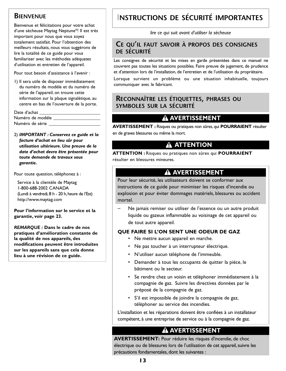 Nstructions de sécurité importantes, Avertissement, Attention avertissement | Maytag MD 68 User Manual | Page 14 / 36